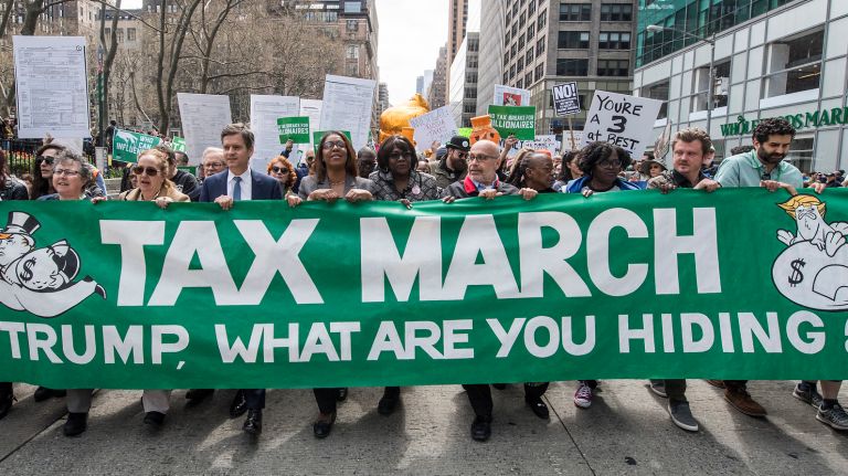 Politicians, including Manhattan Borough President Gale Brewer, NY State Sen. Brad Hoylman and Public Advocate Letitia James, march demonstrators calling for President Donald Trump to release his tax returns on April 15, 2017.