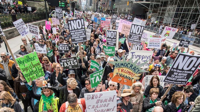 Thousands participate in the tax march in midtown on April 15, 2017.