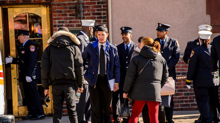 Family members leave the wake for Yadira Arroyo in the Joseph A. Lucchese Funeral Home on Morris Park Avenue in the Bronx, Thursday, March 23, 2017.