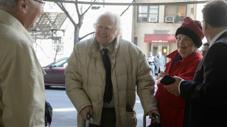 Actor and writer Malachy McCourt, second from left, arrives for Pulitzer Prize-winning columnist Jimmy Breslin's funeral Mass at the Church of the Blessed Sacrament in Manhattan on Wednesday, March 22, 2017. 