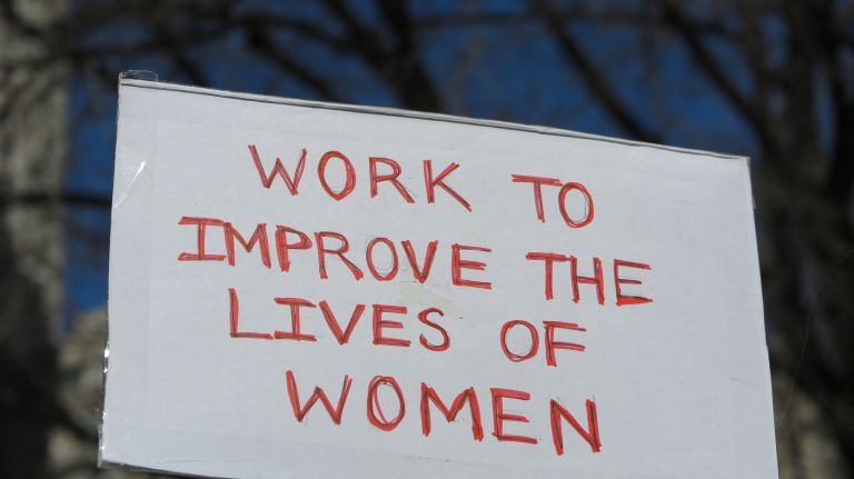 A protest sign held up during the A Day Without a Woman rally in Manhattan on Wednesday, March 8, 2017.