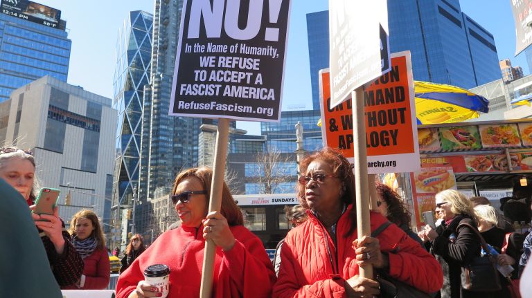 Women participate in the A Day Without a Woman rally in Manhattan on Wednesday, March 8, 2017.