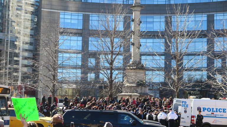 Crowds gather at the A Day Without a Woman rally near 59th Street and Fifth Avenue in Manhattan on Wednesday, March 8, 2017.