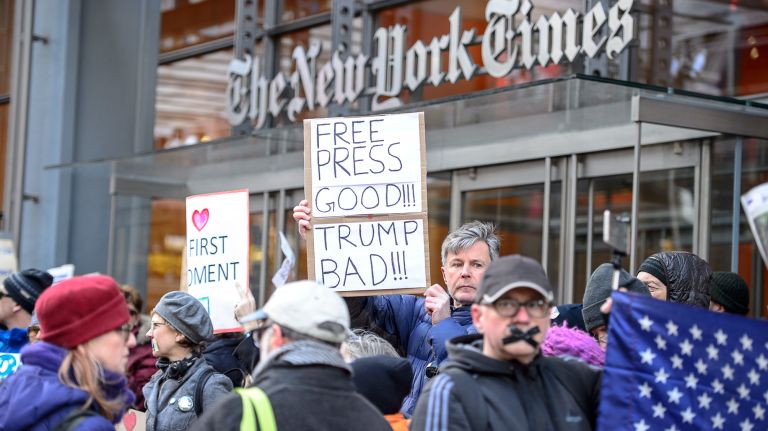 Protesters gather outside the New York Times building in midtown Manhattan for the March for a Free Press on Feb. 26, 2017.