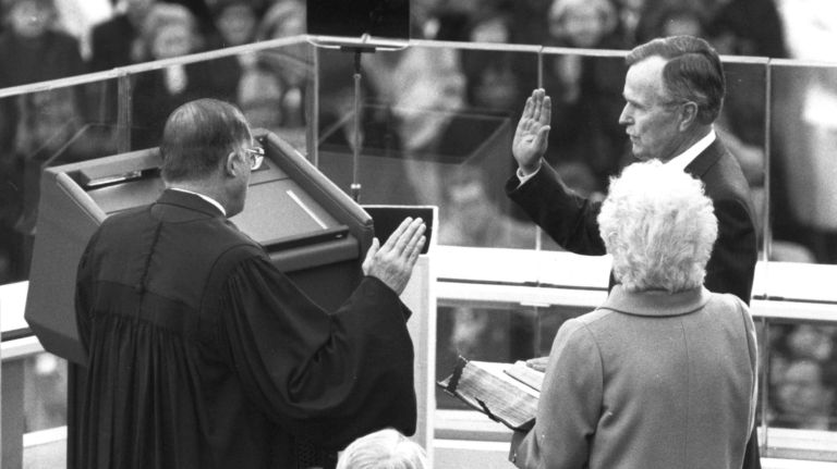 George H.W. Bush is sworn on Jan. 20, 1989, as the 41st president of the United States in Washington, D.C.