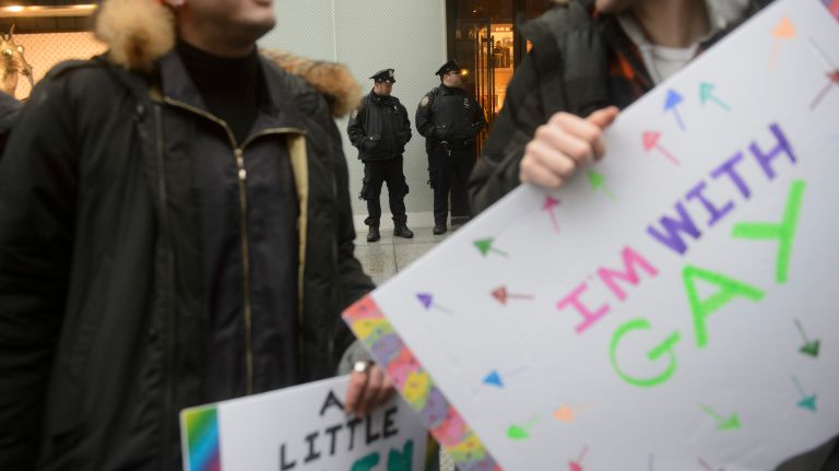 LGBT rally at Trump Tower: Photos of the midtown Manhattan protest 38 Members of the LGBT community and their allies demonstrate on Fifth Avenue near Trump Tower in Manhattan on Sunday, Feb. 12, 2017.