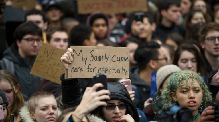 Trump protest in Foley Square: Photos of student rally against travel ban 15 Students gather in Foley Square in downtown Manhattan after a walkout to protest President Donald Trump's policies on Feb. 7, 2017.