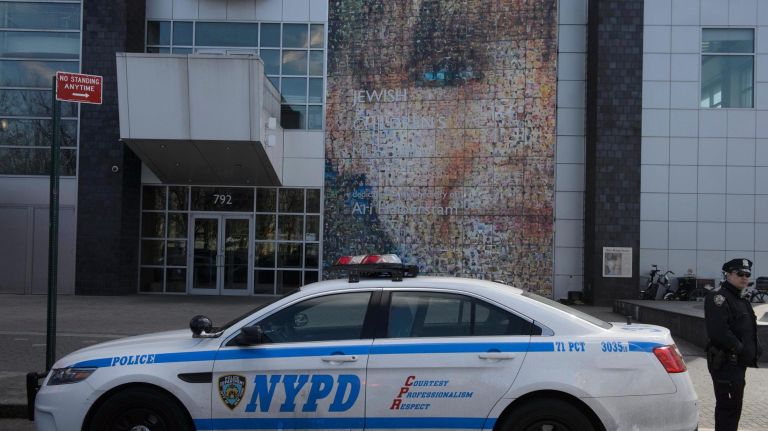 The Jewish Children's Museum in Crown Heights received a bomb threat on March 9, 2017, police said. Above, members of NYPD are posted at the Jewish Children's Museum following the threat.