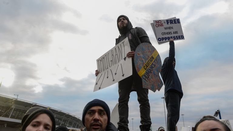 Protesters gather at JFK International Airport to rally against Donald Trump's executive order on Jan. 28, 2017.