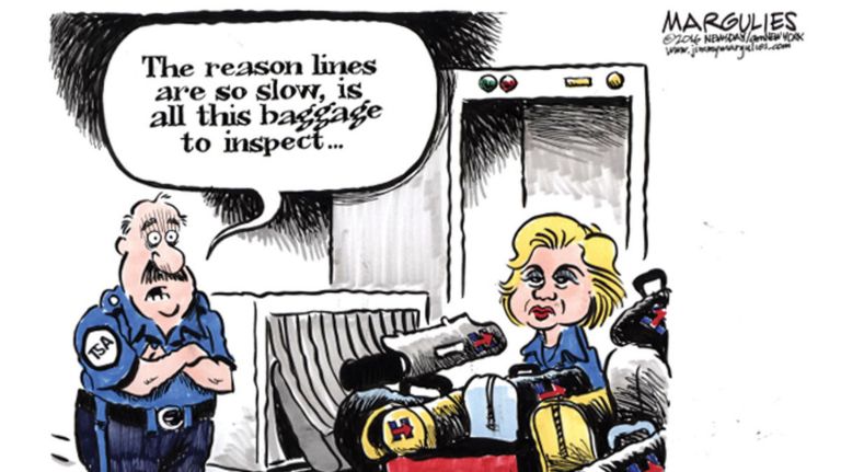 Jimmy Margulies cartoon about Hillary Clinton's baggage, from May 2016.