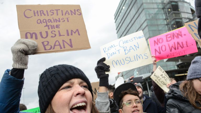 Kennedy Airport protesters rally in support of Muslims after an executive order banned travel to the United States by citizens of seven Muslim-majority countries. 