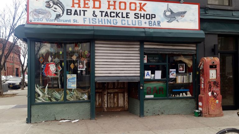 This spot at 320 Van Brunt St. was indeed once a bait and tackle shop and fishing club. Now it's a bar that kept the throwback sign and keeps the history of the place alive with fishing memorabilia and other curiosities on display inside. 