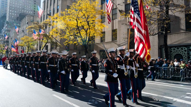 A unit of Marines march up Fifth Avenue during the Veterans Day Parade in Manhattan on Friday, Nov. 11, 2016.