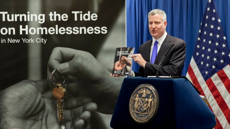 Mayor Bill de Blasio deliver a speech outlining his vision and plan to combat homelessness, at Federation of Protestant Welfare Agencies office in lower Manhattan, on Feb. 28, 2017.