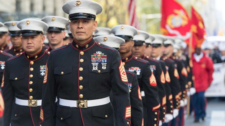 Members of the U.S. Marines 6th Communications Bn, Brooklyn. The New York City Veterans Day Parade, also known as America's Parade, on Nov. 11, 2016, marched up Fifth Avenue after a wreath was placed at the Eternal Light Monument at Madison Square Park on 26th St.