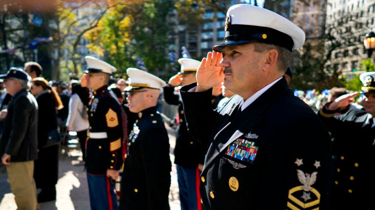 Marines gather in Madison Square Park for a service during the Veterans Day Parade on Friday, Nov. 11, 2016.