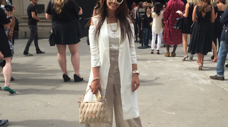 Blogger Sana Ashraf poses outside the Skylight at Moynihan Station in Manhattan during New York Fashion Week on Sept. 9, 2016. 