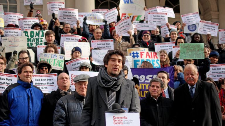 Discounted MetroCards for low-income New Yorkers continues to be an issue pushed by advocates and elected officials in New York City. Above, Nick Sifuentes, deputy director of Riders Alliance, rallies with advocates and elected officials outside of City Hall on Monday, February 13, 2017.