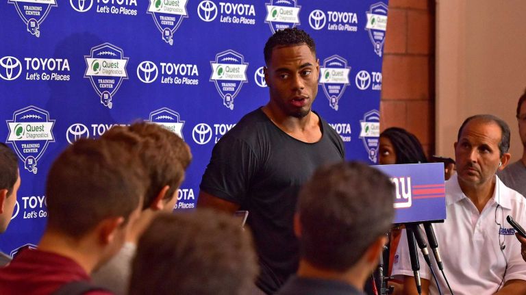 New York Giants running back Rashad Jennings speaks with the media at Quest Diagnostics Training Center in East Rutherford, New Jersey on Thursday, July 28, 2016. New York Giants Training Camp.