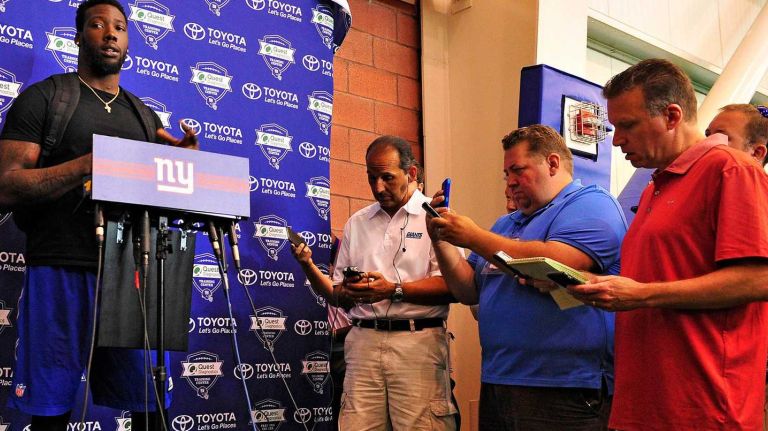 New York Giants defensive end Jason Pierre-Paul speaks with the media at Quest Diagnostics Training Center in East Rutherford, New Jersey on Thursday, July 28, 2016. New York Giants Training Camp.