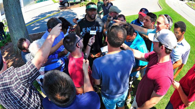 New York Jets linebacker Erin Henderson speaks with the media at Atlantic Health Jets Training Center in Florham Park, New Jersey on Wednesday, July 27, 2016. New York Jets Training Camp.