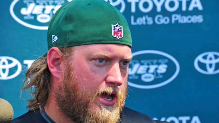 New York Jets center Nick Mangold speaks with the media at Atlantic Health Jets Training Center in Florham Park, New Jersey on Wednesday, July 27, 2016. New York Jets Training Camp.