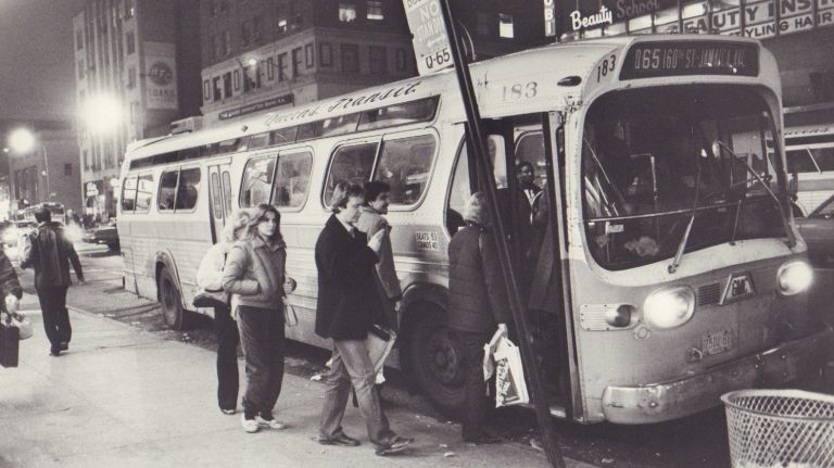 Old NYC bus photos: Take a drive down the streets of NYC history 20 Passengers board a Queens Transit Q65 bus on the corner of Main Street and Roosevelt Avenue in Flushing on March 29, 1982.