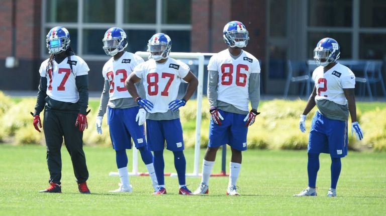 New York Giants wide receivers Dwayne Harris, Kadron Boone, Sterling Shepard, Darius Powe and K.J. Maye look on during the Giants Organized Team Activities at Quest Diagnostics Training Center on Monday, May 23, 2016.