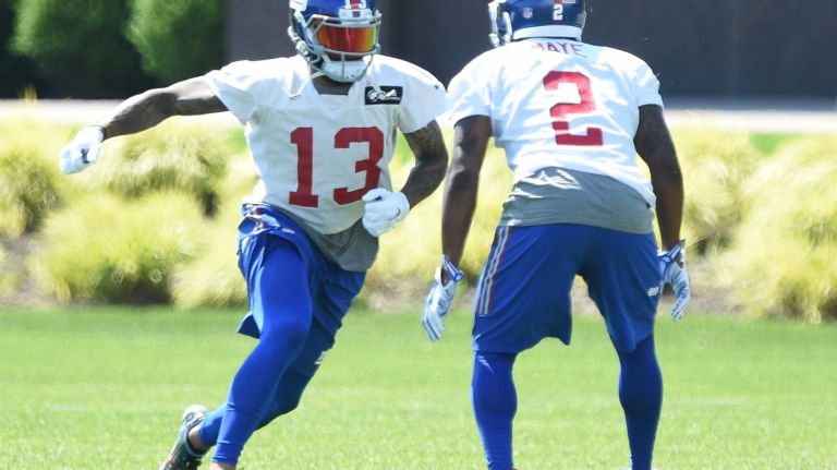 New York Giants wide receiver Odell Beckham and wide receiver K.J. Maye participate in drills during the Giants Organized Team Activities at Quest Diagnostics Training Center on Monday, May 23, 2016.