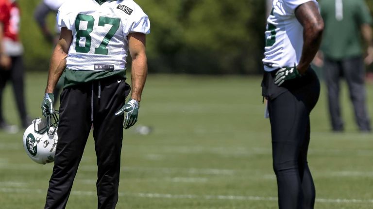Jets receivers Eric Decker and Brandon Marshall on the field during the Jets' OTAs on Wednesday, June 1, 2016 in Florham Park, N.J.
