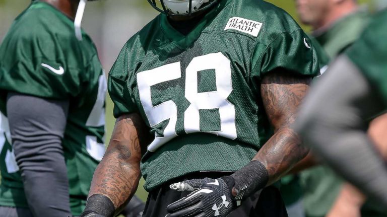 Erin Henderson (#58) of the Jets on the field during the Jets' OTAs on Wednesday, June 1, 2016 in Florham Park, N.J.