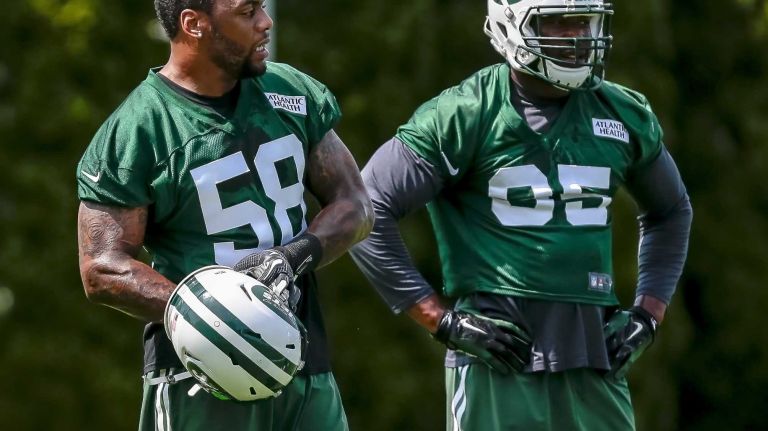 Erin Henderson (#58) of the Jets on the field during the Jets' OTAs on Wednesday, June 1, 2016 in Florham Park, N.J.