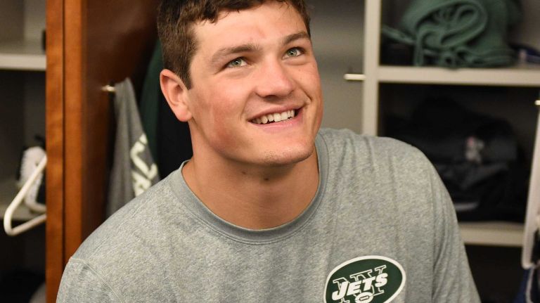 New York Jets quarterback Christian Hackenberg answers questions from the media during Organized Team Activities at the Jets Training Center on Wednesday, May 25, 2016.