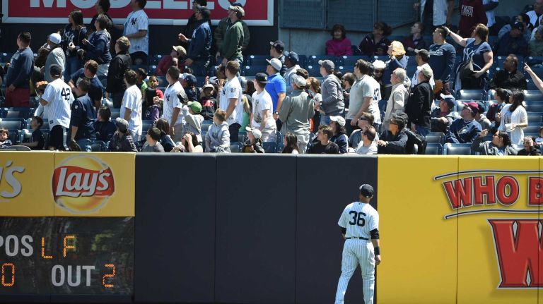 Yankees vs. Rays 68 New York Yankees right fielder Carlos Beltran watches the flight of the two-run home run by Tampa Bay Rays designated hitter Corey Dickerson during the first inning of an MLB baseball game at Yankee Stadium on Sunday, April 24, 2016.