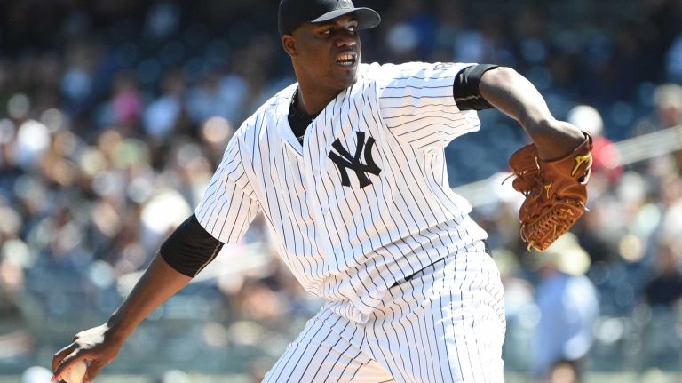Yankees vs. Rays 70 New York Yankees starting pitcher Michael Pineda delivers a pitch against the Tampa Bay Rays during the first inning of an MLB baseball game at Yankee Stadium on Sunday, April 24, 2016.