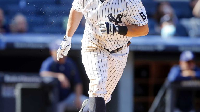 Yankees vs. Rays 87 Brett Gardner #11 of the New York Yankees reacts after his ninth inning game winning home run against the Tampa Bay Rays at Yankee Stadium on Saturday, April 23, 2016 in the Bronx Borough of New York City.