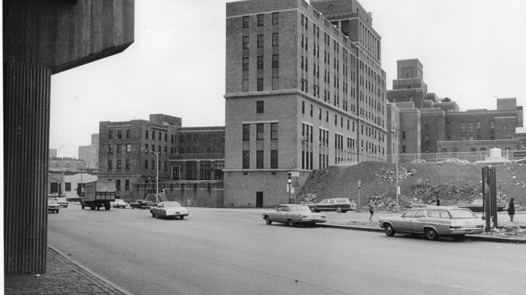 A view of Lincoln Hospital in the Bronx on March 26, 1969. At left is a pillar of the Bruckner Expressway.