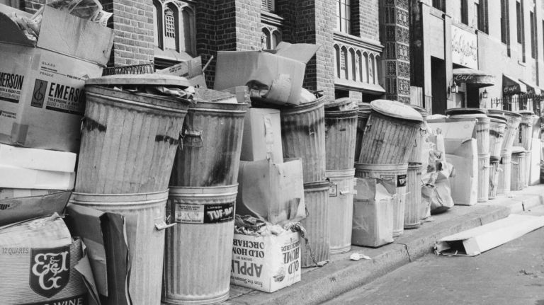 Piles of garbage sit on East 43rd Street during the sanitation strike on Feb. 6, 1968.