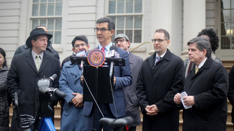 The next Citi Bike expansion should be funded with taxpayer dollars, a majority of the City Council says. Above, Councilman Ydanis Rodriguez leads a rally calling for public funding to support a five-borough expansion of the bike share network.