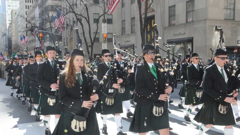 Members of the Tara Pipes and Drums Michael F. Hogan Div. 15A.O.H from Massapequa marching in the St. Patrick's Day Parade in Manhattan on March 17, 2016.