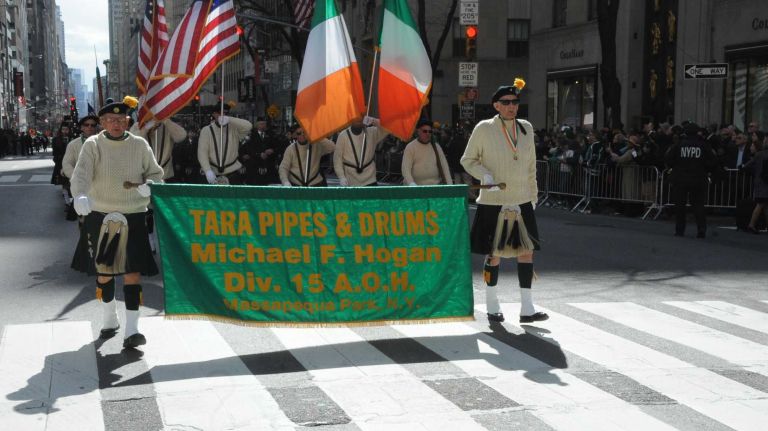 The Tara Pipes & Drums of Massapequa marches in the St. Patrick's Day Parade in Manhattan on March 17, 2016.