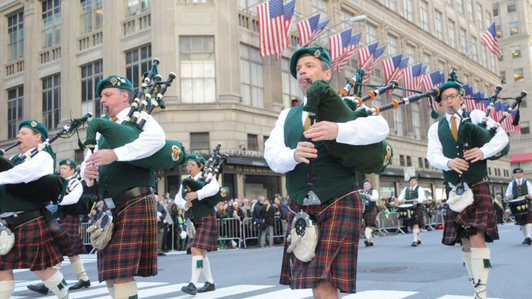 Bagpipers march up Fifth Avenue during the St. Patrick's Day Parade in Manhattan on March 17, 2016.