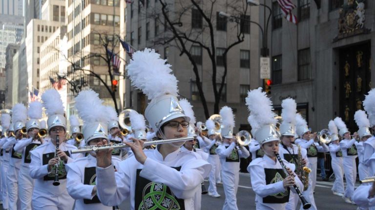 A marching band plays along the parade route at the New York City St. Patrick's Day Parade on March 17, 2016.