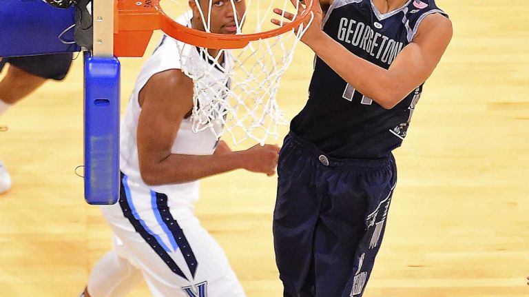 Georgetown guard D'Vauntes Smith-Rivera (4) attempts a lay up against Villanova during the Big East Tournament at Madison Square Garden in New York, New York on Thursday, Mar 10, 2016. Big East Basketball Tournament between #8 Georgetown and #1 Villanova.