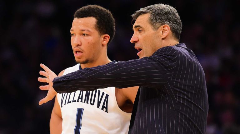 Villanova head coach Jay Wright speaks with guard Jalen Brunson (1) during a stoppage against Georgetown during the Big East Tournament at Madison Square Garden in New York, New York on Thursday, Mar 10, 2016. Big East Basketball Tournament between #8 Georgetown and #1 Villanova.