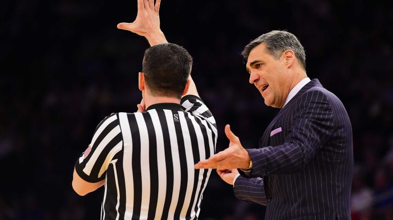 Villanova head coach Jay Wright discusses a call by the official during a game against Georgetown in the Big East Tournament at Madison Square Garden on Thursday, March 10, 2016.