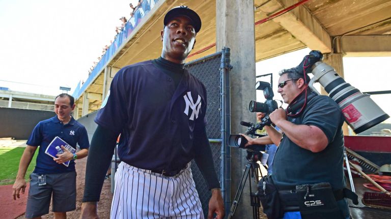 New York Yankees Aroldis Chapman leaves the bullpen after throwing during Spring Training at George M. Steinbrenner Field in Tampa Florida. Feb. 20, 2016