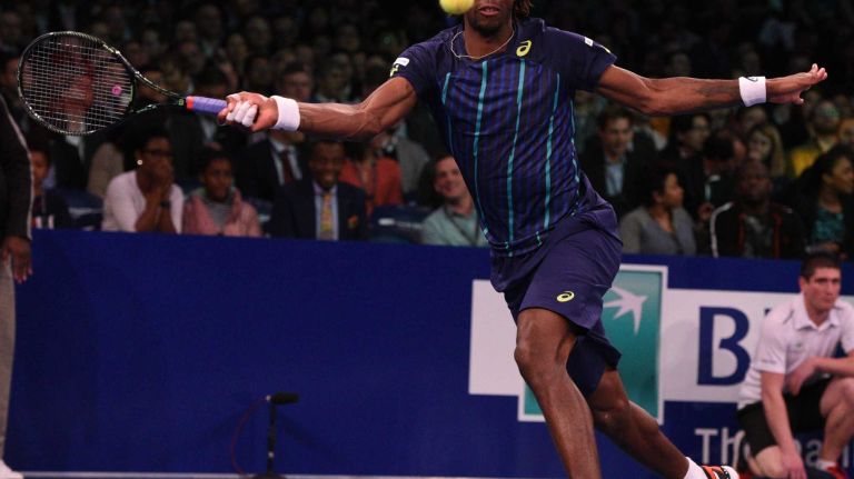 Gael Monfils keeps his eye on the ball to return to Stan Wawrinka during the 9th annual BNP Paribas Showdown at Madison Square Garden on Tuesday, March 8, 2016.
