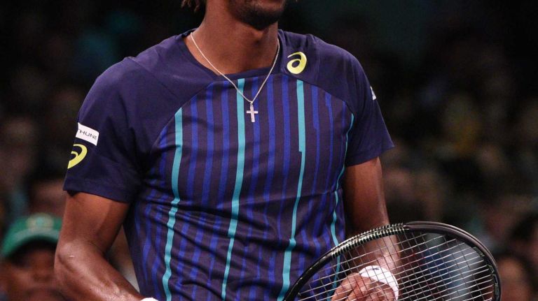 Gael Monfils looks on against Stan Wawrinka during the 9th annual BNP Paribas Showdown at Madison Square Garden on Tuesday, March 8, 2016.