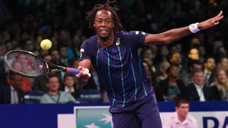 Gael Monfils returns to Stan Wawrinka during the 9th annual BNP Paribas Showdown at Madison Square Garden on Tuesday, March 8, 2016.